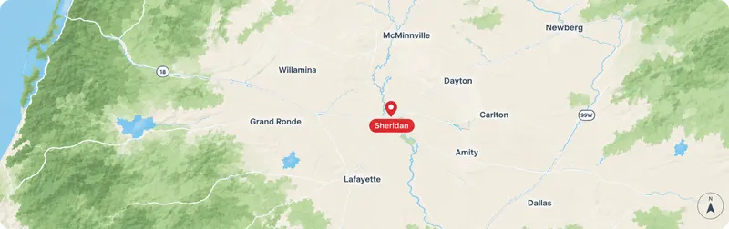 Map of the area around Sheridan, Oregon: Sheridan, McMinnville, Willamina, Amity, Dayton, Newberg, Carlton, Grand Ronde, Lafayette, Dallas